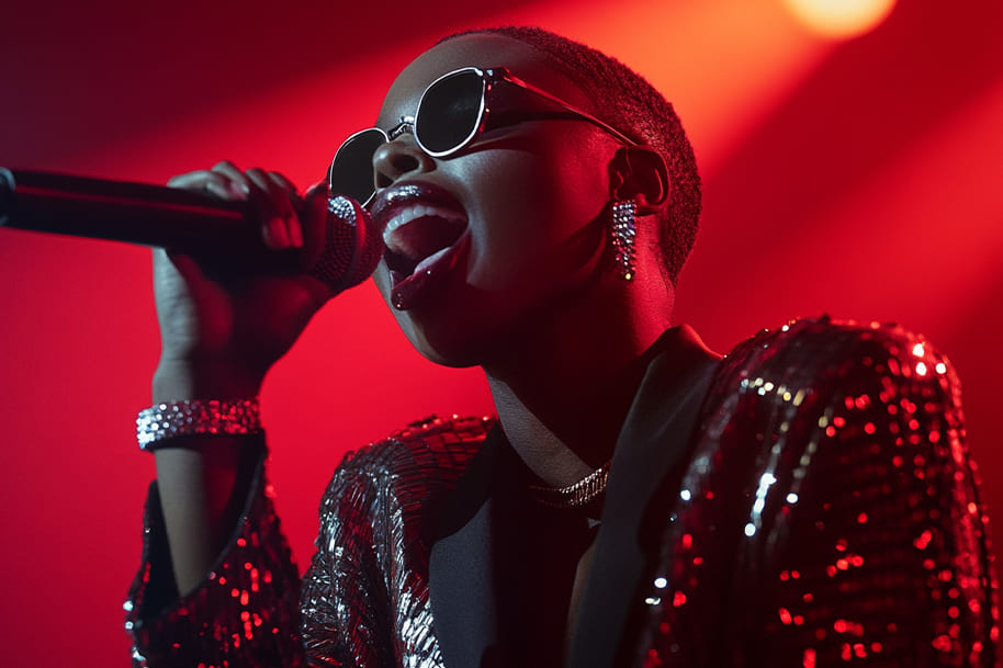 Dynamic performance of a glamorous artist singing into a microphone, illuminated by red stage lights. This image captures the energy and passion of live performances, perfect for content about Grammy Awards 2025, top music moments, and unforgettable stage highlights.