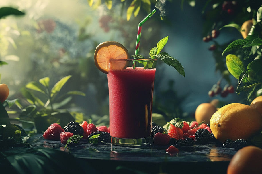 Refreshing smoothie made with fresh berries and mint, promoting gut health and wellness through natural ingredients and vibrant nutrition.