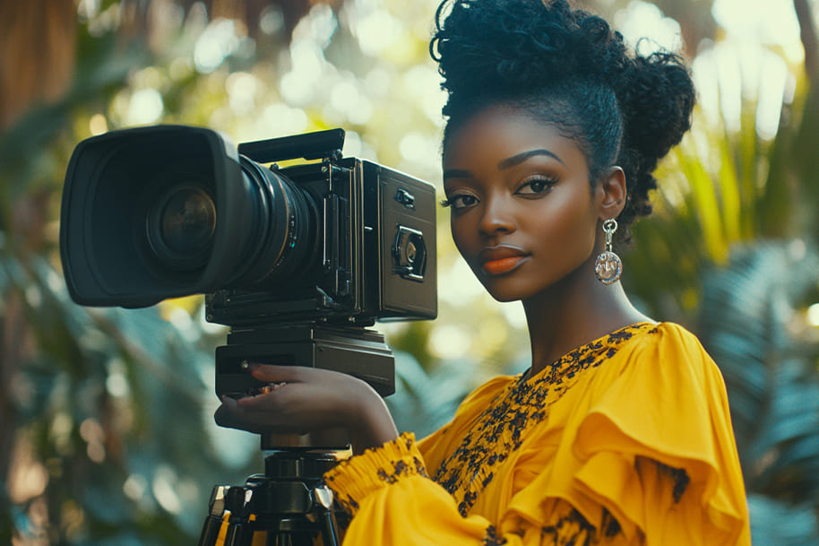 Honoring female pioneers in entertainment, this stunning shot features a talented woman capturing the world through her lens. Empowering creativity and vision, she stands as a role model in a traditionally male-dominated industry, representing strength, innovation, and breaking boundaries.