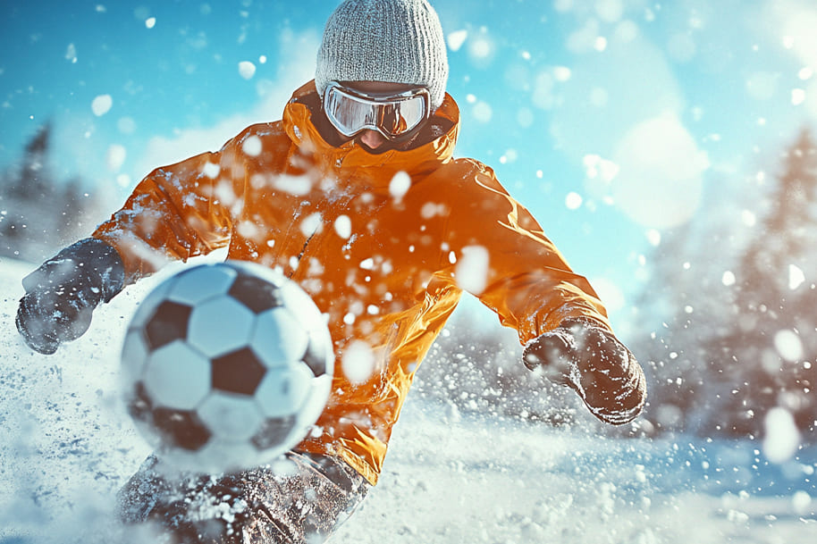 Person playing soccer in the snow, dressed in an orange jacket, winter hat, and goggles, bringing a unique twist to your February bucket list with outdoor sports in winter conditions.