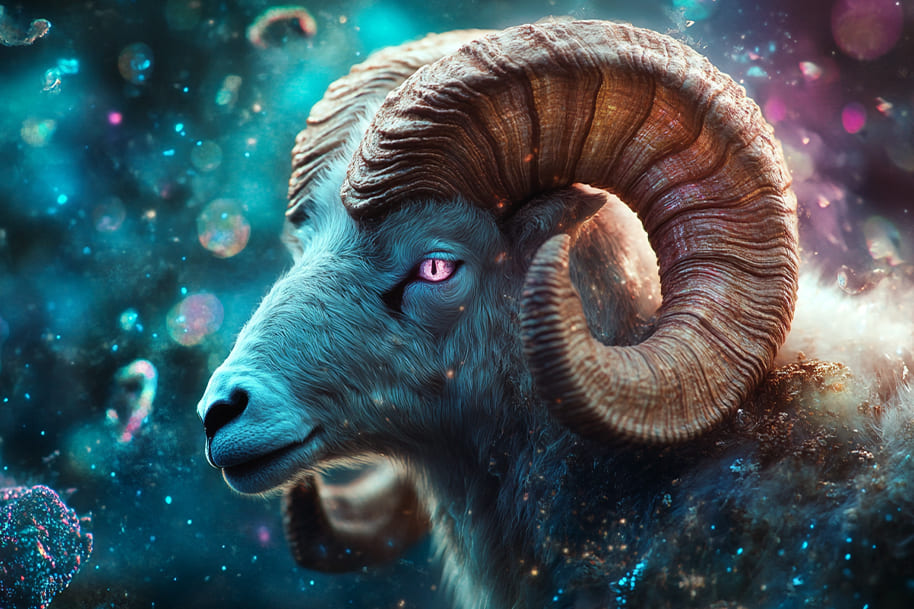 Vivid portrayal of a ram with glowing eyes, symbolizing the bold and energetic qualities of Aries season, highlighting its influence on personal traits and bold actions.