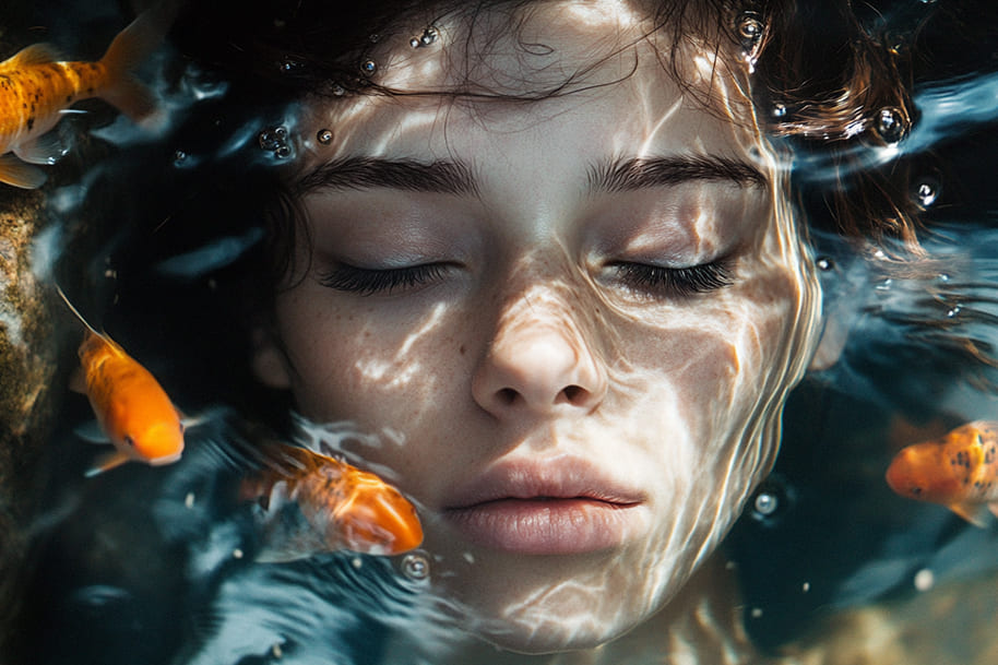 Serene image of a woman submerged in water surrounded by goldfish, symbolizing the peaceful and intuitive energy of Pisces season, perfect for exploring astrology and its effects.