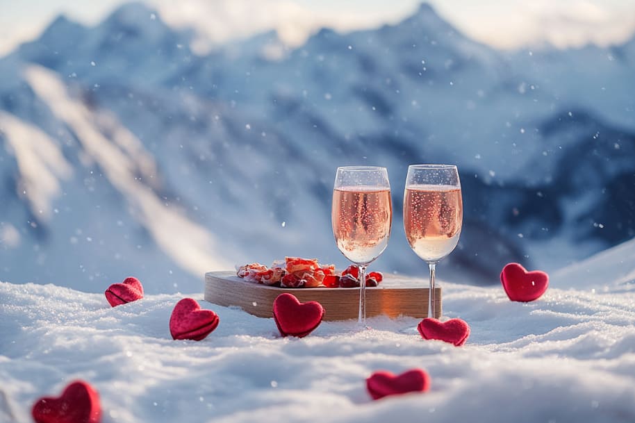 Romantic Valentine’s Day celebration in the snow with two glasses of sparkling rosé, heart decorations, and breathtaking mountain views – the perfect setting for love and big casino wins at EternalSlots.com.