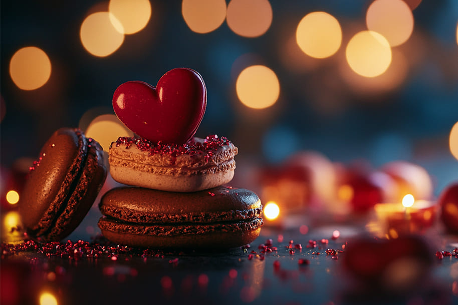 Romantic Valentine's Day macarons with heart-shaped chocolate, surrounded by glowing candlelight – perfect for celebrating love and sweet casino wins at EternalSlots.com.