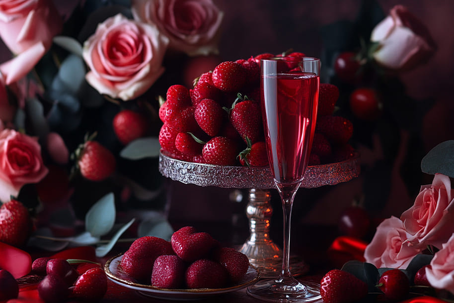 Elegant display of fresh strawberries, sparkling wine, and pink roses, creating a romantic Valentine’s Day ambiance – perfect for Eternal Slots Blog.