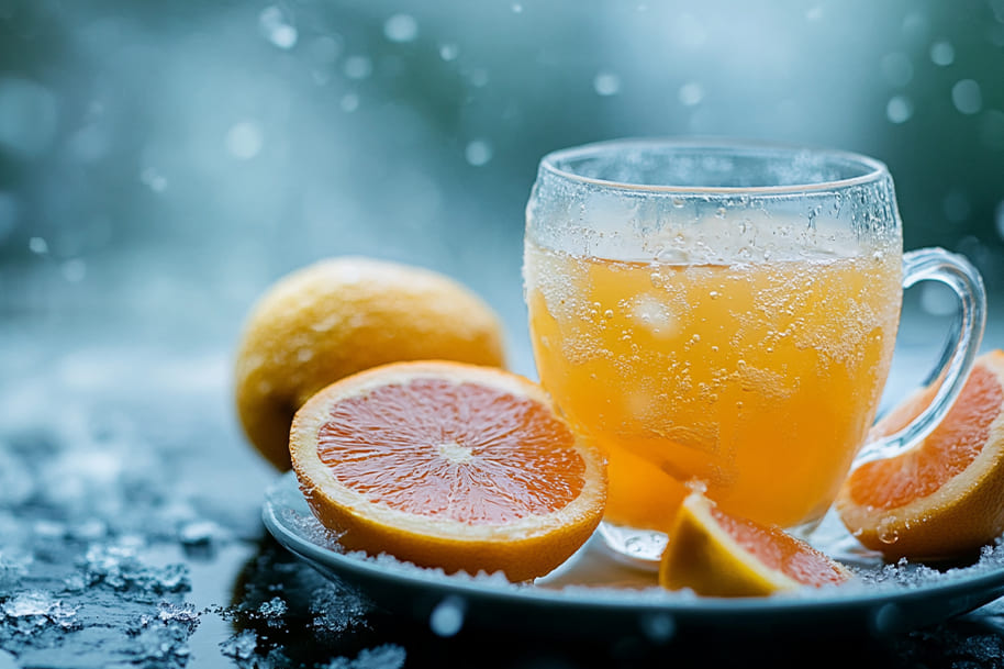 A cup of fresh orange juice surrounded by slices of orange, perfect for boosting your immune system during the winter. The icy touch and the snowy background emphasize the refreshing and healthful qualities of citrus drinks.