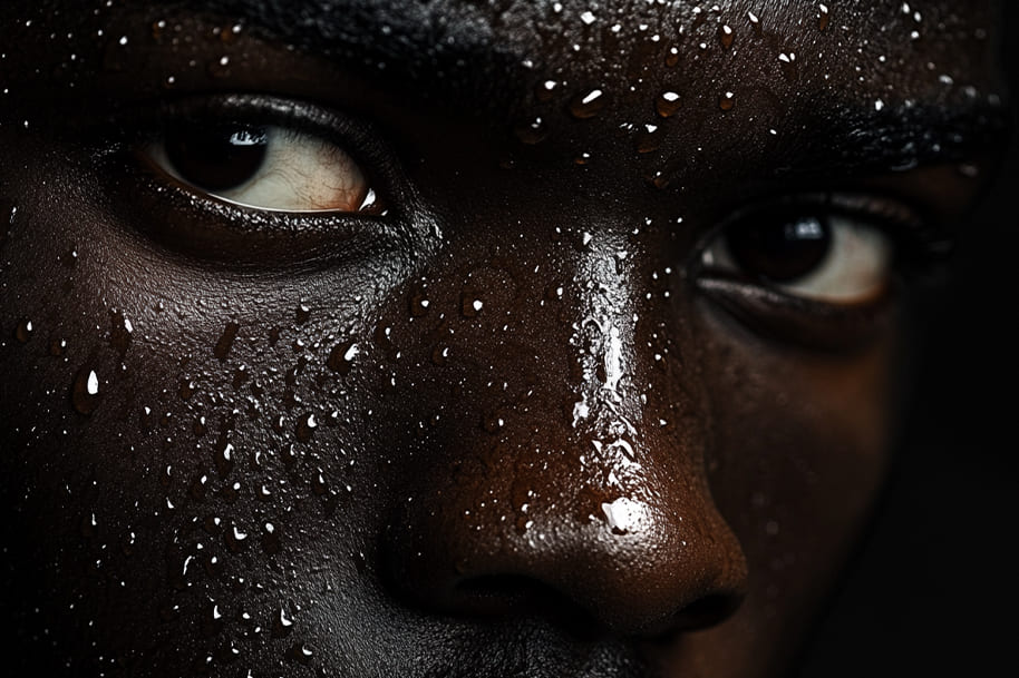 Close-up of a person's face, showing beads of water on their dark skin. The intense gaze and the droplets of water reflect strength and resilience, capturing the raw emotion of the moment.