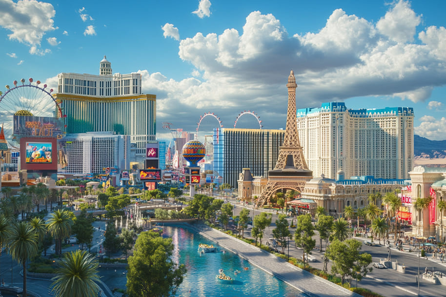Stunning daytime view of the Las Vegas Strip featuring iconic landmarks like the Eiffel Tower at Paris Las Vegas, The Venetian, and high-rise casino resorts. Bright billboards, palm trees, and a lively atmosphere capture the essence of this world-famous gambling and entertainment destination. One of best U.S. cities for sports fans.