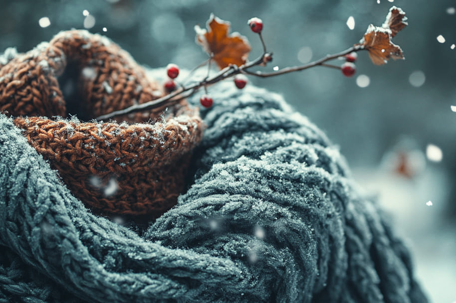 Cozy knit scarves surrounded by fresh snow and a small branch with red berries, highlighting the warmth and comfort of winter wear. Perfect for layering up in the cold weather.