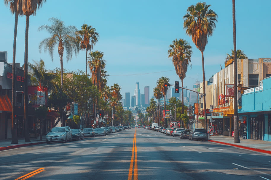 Iconic street view of Los Angeles with palm tree-lined roads leading to the downtown skyline under a clear blue sky. A perfect representation of LA’s vibrant city life, urban culture, and warm California vibes. One of best U.S. cities for sports fans.