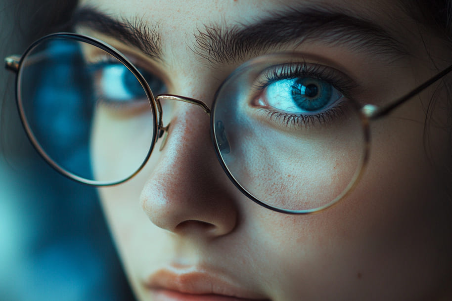 Close-up shot of a person wearing glasses, with striking blue eyes and soft facial features. The intense focus and clarity in the eyes highlight a sense of awareness, perfect for content focused on self-reflection or making the most of the month ahead.