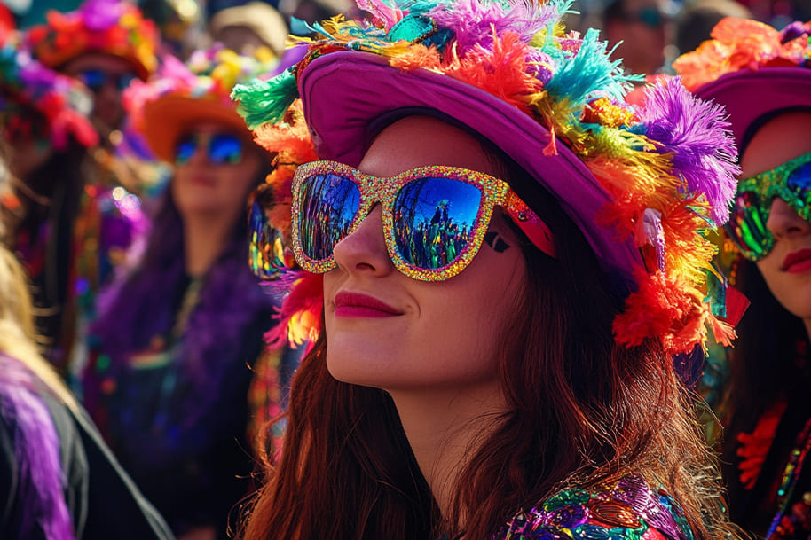 Woman in a vibrant Mardi Gras costume with a feathered hat and glittering sunglasses reflecting the festive parade. Experience Mardi Gras history, traditions, and celebration tips at Eternal Slots Casino.