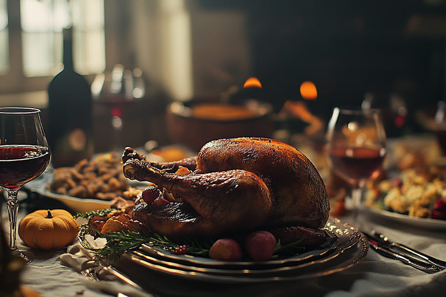 A beautifully roasted turkey surrounded by wine glasses, side dishes, and autumn decor, creating a warm, inviting atmosphere for a festive gathering.