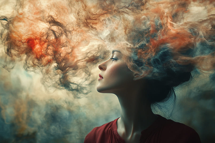 Surreal image of a woman with colorful clouds emanating from her head, symbolizing the power of mindfulness and mental clarity, ideal for discussions on improving mental health and self-awareness.