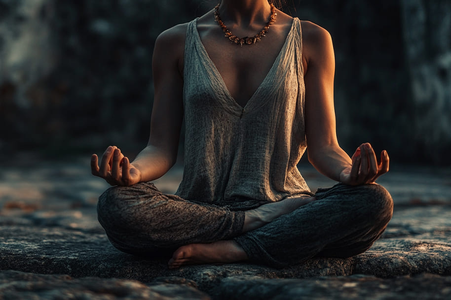 A woman practicing meditation in a serene outdoor setting, sitting cross-legged in a relaxed pose. The soft lighting and earthy tones create a peaceful atmosphere, symbolizing mindfulness, inner peace, and holistic wellness. Ideal for blogs about meditation, yoga, stress relief, and natural healing.
