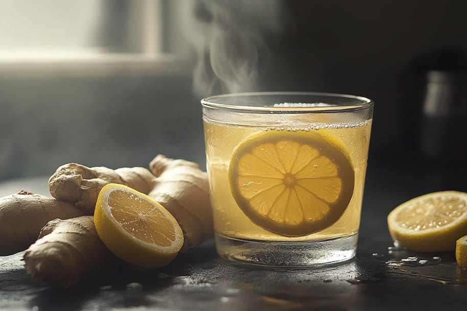 A steaming glass of ginger lemon tea with fresh ginger roots and lemon slices on a dark rustic surface. A powerful natural remedy known for boosting immunity, aiding digestion, and relieving inflammation. Perfect for blogs about herbal teas, natural wellness, and holistic healing.