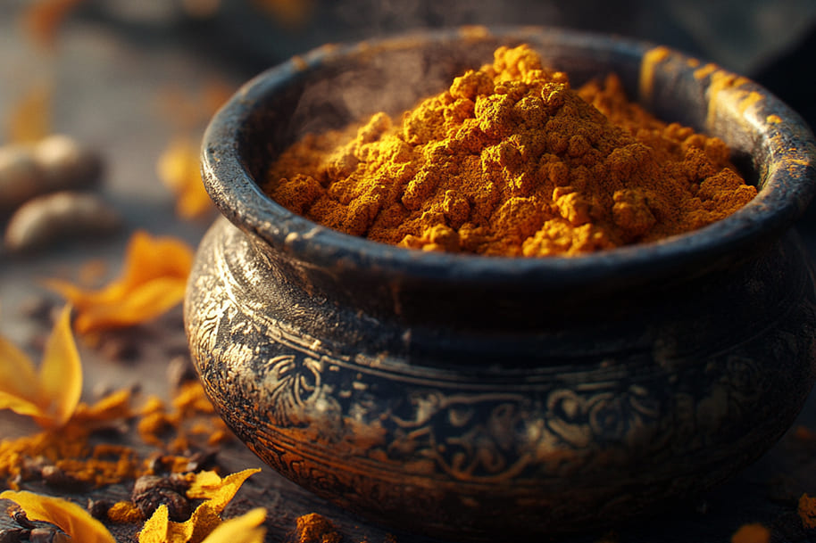 A steaming bowl of fresh turmeric powder in an ornate traditional pot, surrounded by turmeric roots and yellow petals. A powerful natural remedy known for its anti-inflammatory and healing properties. Ideal for blogs on herbal medicine, Ayurveda, and natural wellness.