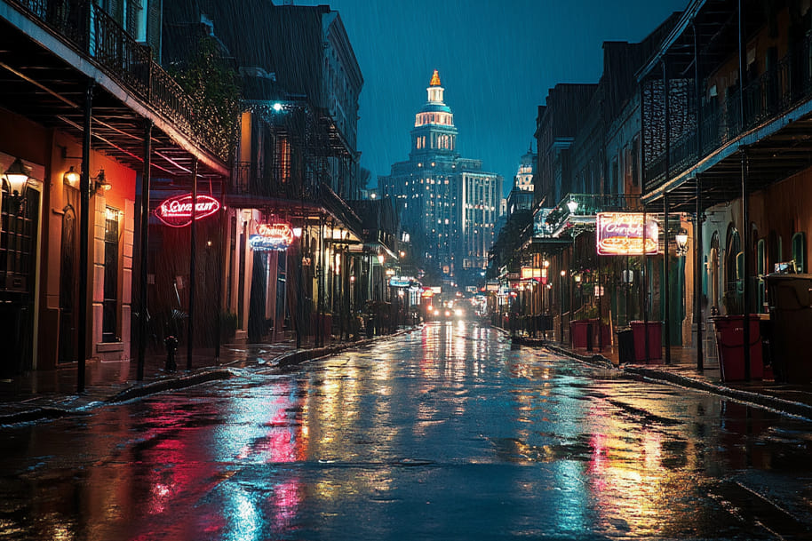Rainy night in the French Quarter of New Orleans, with neon signs reflecting on wet streets and historic buildings lining the road. A moody and atmospheric scene capturing the city's vibrant nightlife, jazz culture, and rich history.