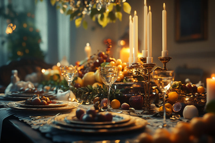 A beautifully set dinner table adorned with fruits, candles, and elegant glassware, creating a warm and festive atmosphere for a sophisticated gathering.