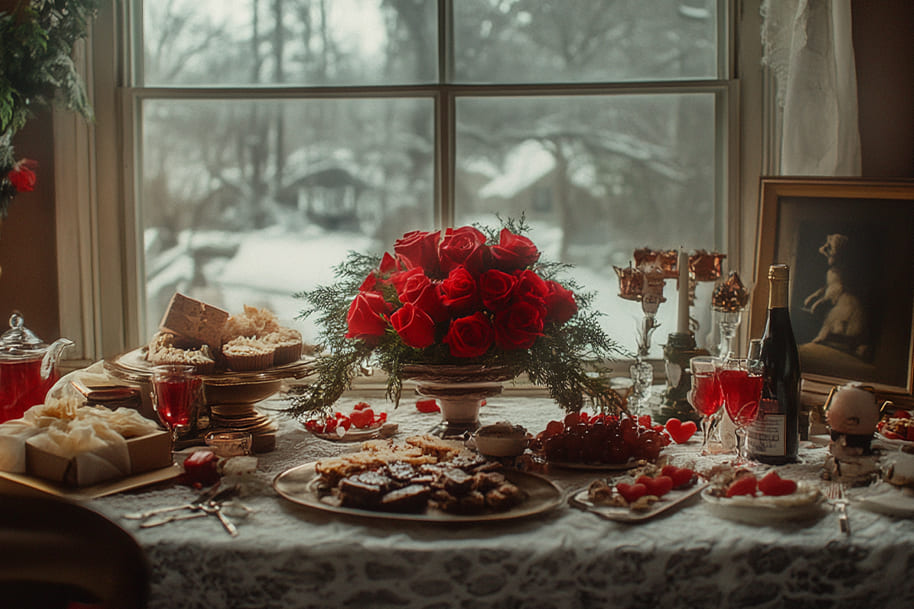 Valentine's Day celebration table with roses, chocolates, and romantic treats - A cozy setting featuring a bouquet of red roses, champagne, sweet desserts, and heart-shaped candies. Perfect for a romantic Valentine's Day surprise with thoughtful gifts and a festive atmosphere.