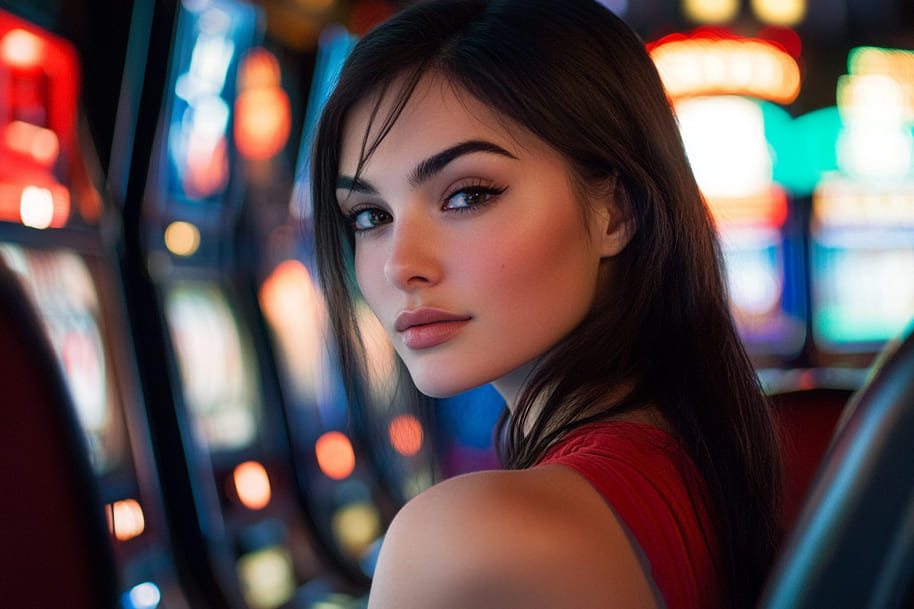 Elegant brunette woman in a red dress sitting at a slot machine, surrounded by vibrant casino lights. A glamorous representation of high-stakes gambling, luxury casinos, and the thrill of the casino lifestyle.