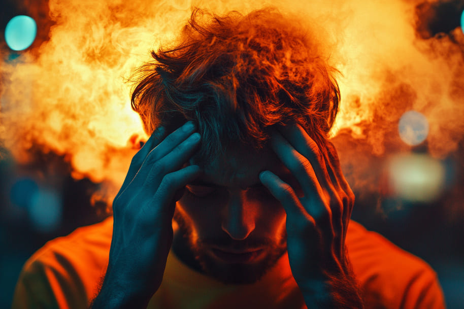 Man holding his head in distress, with smoke emanating from his head, symbolizing stress and mental pressure, highlighting the importance of seeking support in challenging times.