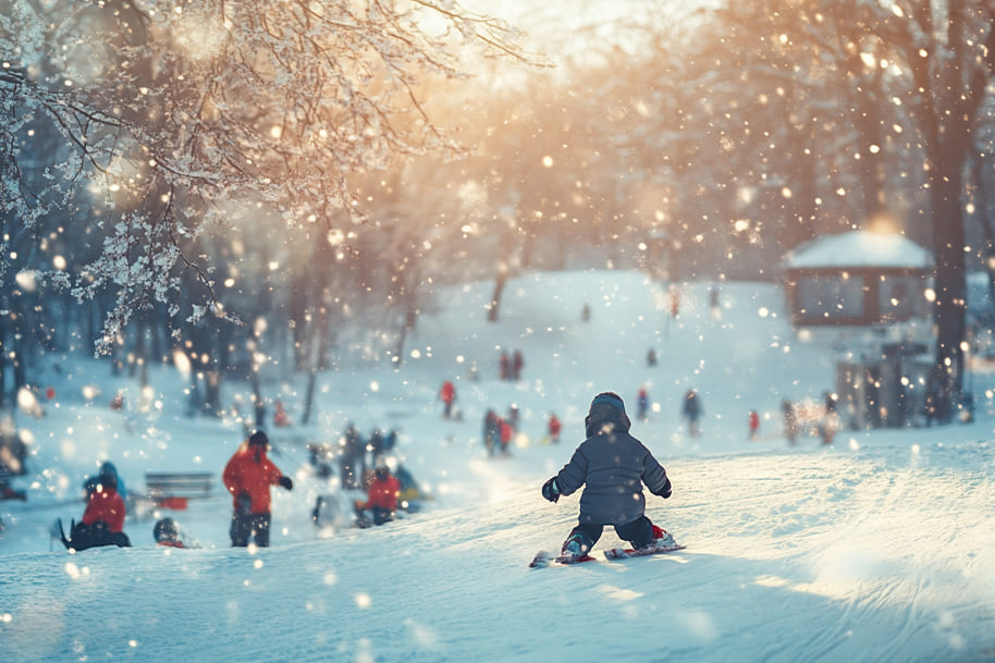 Child snowboarding down a snowy hill, surrounded by snow-covered trees and people enjoying a winter day outdoors. A perfect winter scene for those looking to embrace the season's activities.