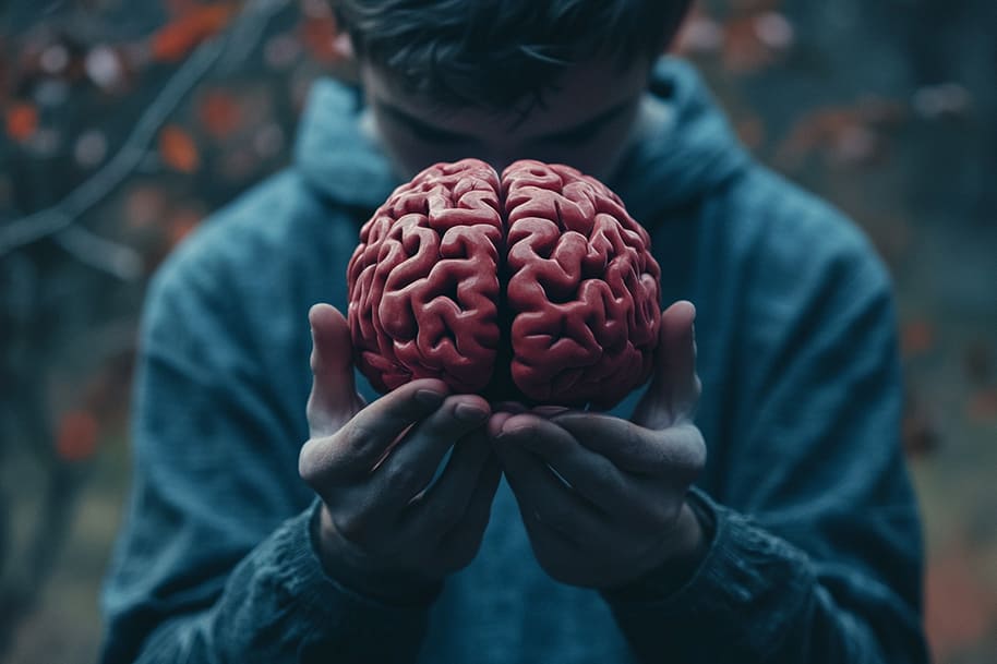 Person holding a model of a brain, symbolizing the connection between mental health and cognition, emphasizing the importance of understanding our mind and improving mental well-being.