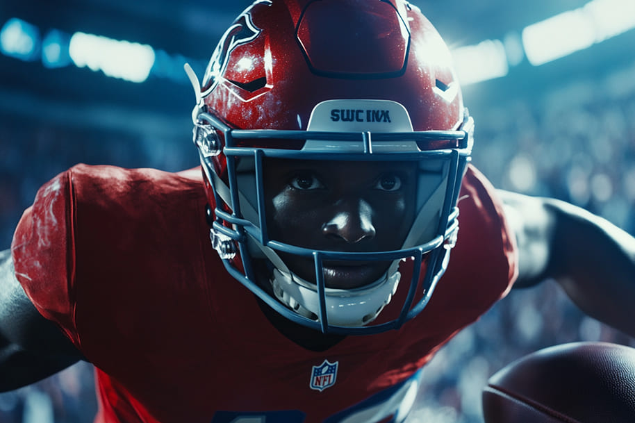 Close-up of an American football player in a red jersey and helmet, gripping the ball in a high-energy stadium setting. The image captures the intensity of the game, symbolizing Super Bowl LIX excitement and sports betting opportunities at Eternal Slots online casino.