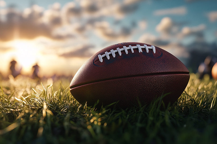 Close-up of an American football resting on the grass at sunset, symbolizing the excitement of Super Bowl LIX. The warm lighting and blurred background of players create a dynamic atmosphere, perfect for sports betting and game-day predictions at Eternal Slots online casino.