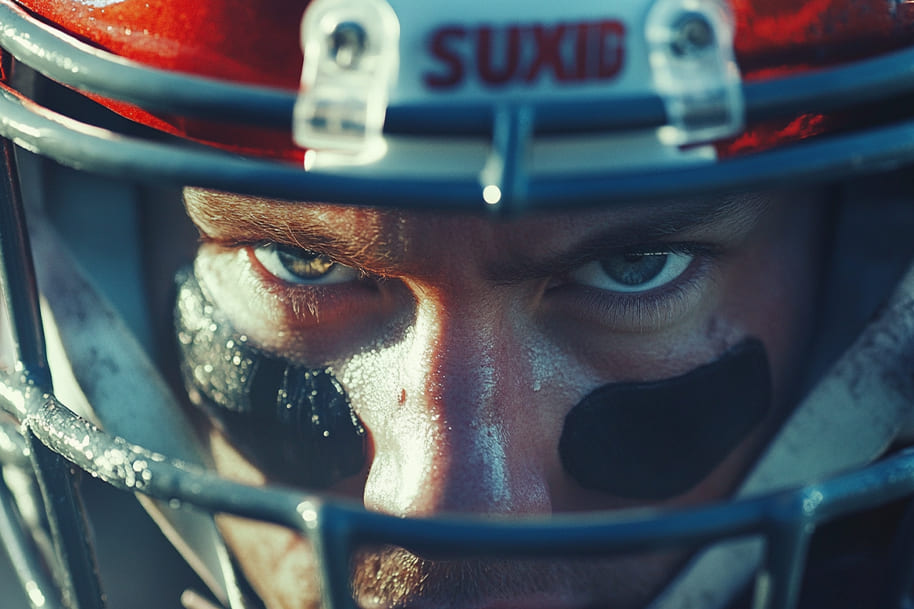 Intense close-up of an American football player wearing a red helmet and black eye paint, staring with fierce determination. The image captures the passion and high-stakes energy of Super Bowl LIX, making it the perfect moment for sports betting excitement at Eternal Slots online casino.