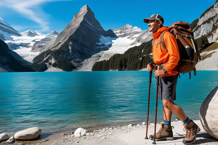 Smiling hiker with a backpack and trekking poles standing beside a stunning turquoise alpine lake, surrounded by snow-capped mountains. The breathtaking scenery captures the spirit of adventure and exploration.