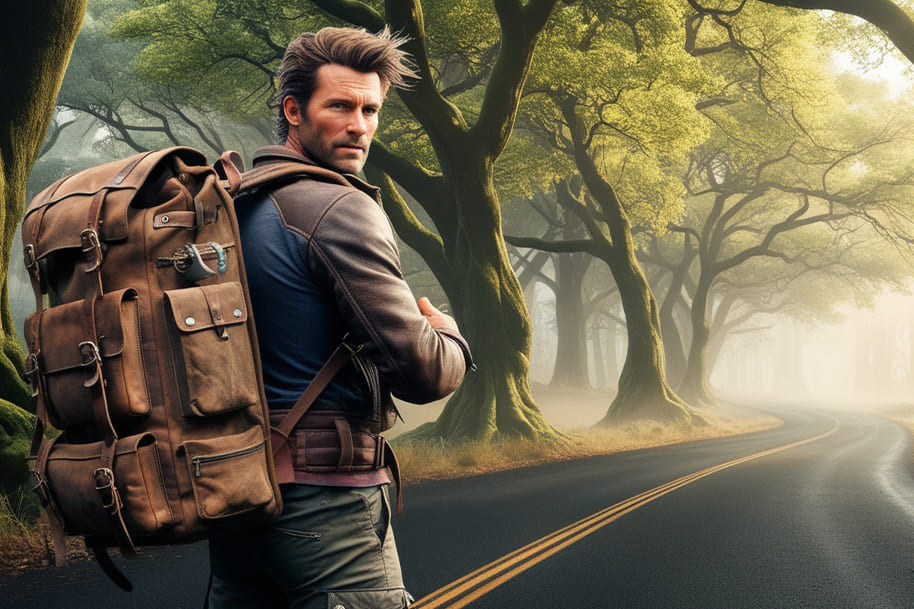 Rugged traveler with a leather backpack standing on a winding forest road, surrounded by towering trees and mystical morning fog. The scene evokes adventure, freedom, and the call of the open road.