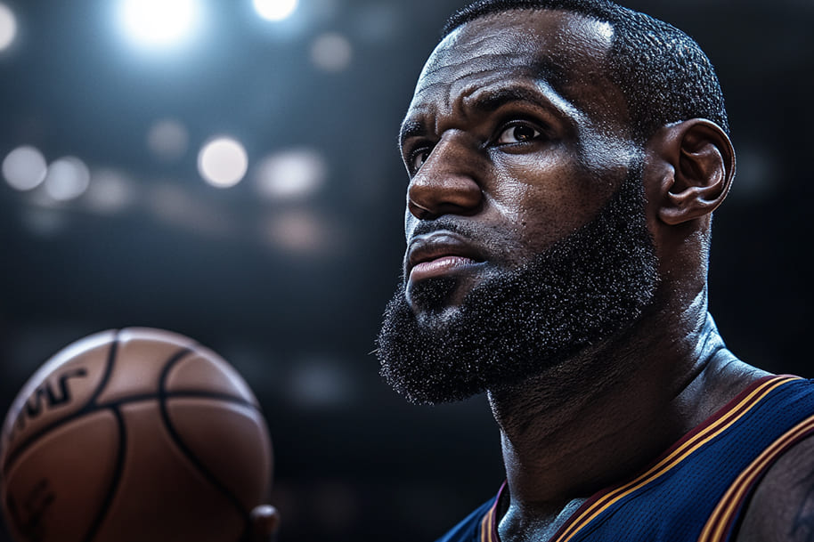 LeBron James close-up with intense expression, holding a basketball, representing the power and skill of NBA players during a key moment on the court. Perfect for NBA All-Star Weekend coverage and basketball enthusiasts, showcasing elite athleticism and sportsmanship.