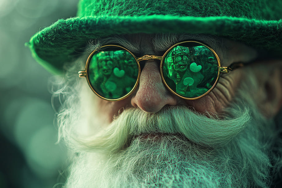 Elderly man dressed as a leprechaun wearing green-tinted glasses reflecting a lively St. Patrick’s Day celebration. His stylish hat, curled mustache, and festive accessories capture the holiday’s charm and Irish spirit.