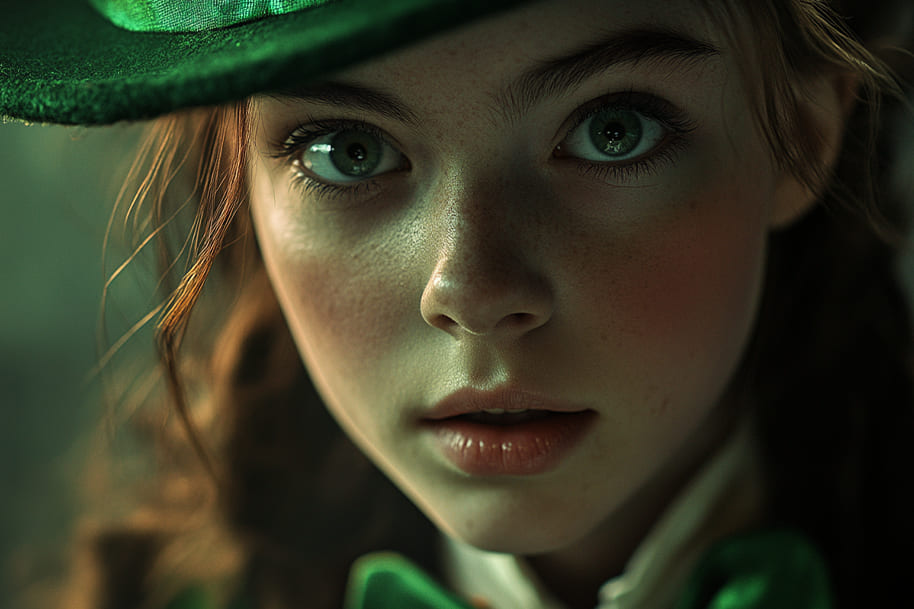 Close-up portrait of a young woman dressed in a St. Patrick’s Day outfit, wearing a green hat and bow tie. Her striking green eyes and freckles add to the festive Irish spirit.