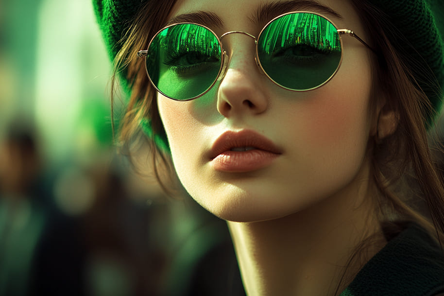 Stylish young woman wearing green-tinted sunglasses and a matching green beret, reflecting a festive St. Patrick’s Day scene. Her modern and chic look embodies the fusion of fashion and Irish heritage.