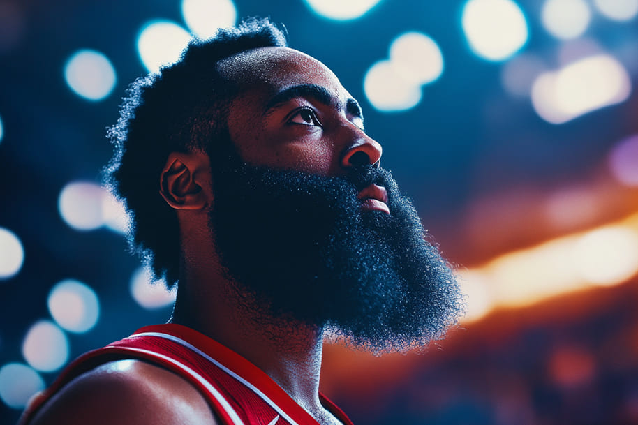 Close-up of a focused basketball player during an NBA game, with a sharp look and bright arena lights highlighting his intense concentration and signature beard.