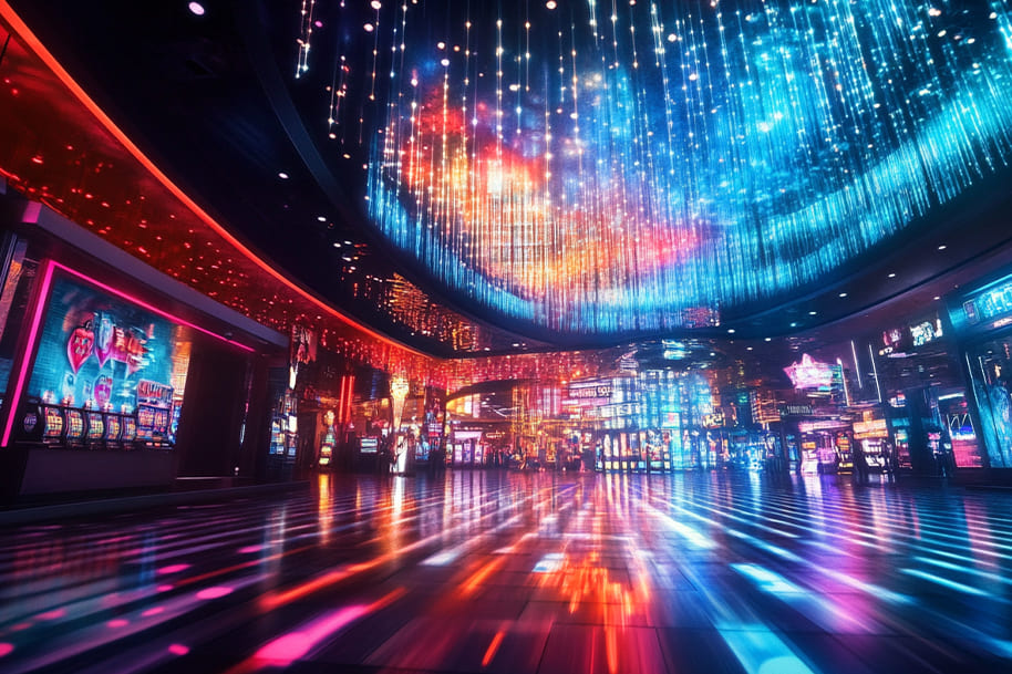 Futuristic casino interior with vibrant neon lights, glowing slot machines, and a dazzling ceiling display of cascading blue and red lights. A high-energy gaming environment designed to enhance player excitement and immersion.