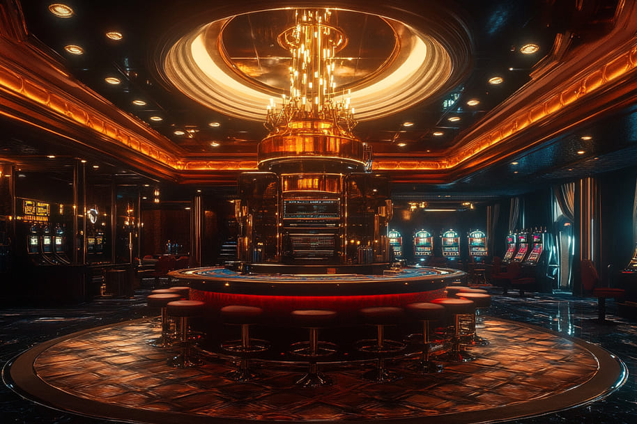 Luxurious casino interior with a grand chandelier, elegant lighting, and a central roulette table surrounded by red stools. Slot machines and digital displays add to the vibrant atmosphere. A high-end gaming environment designed to enhance player excitement and engagement.