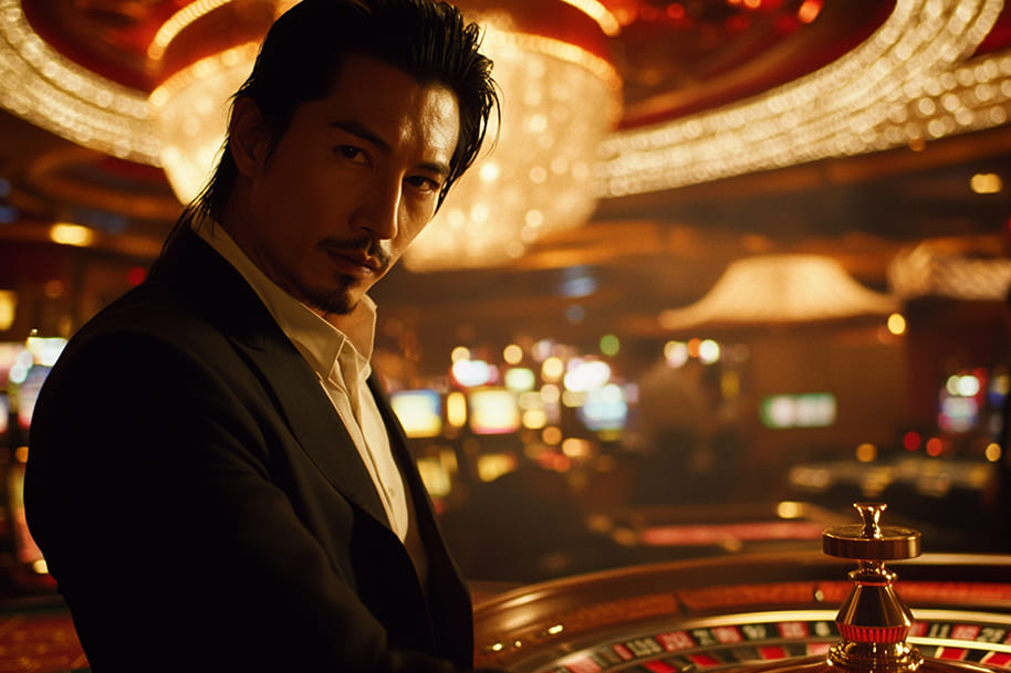 Sophisticated man in a black suit standing at a casino roulette table, with luxurious chandeliers and slot machines glowing in the background. A high-stakes gaming atmosphere exuding confidence, elegance, and mystery.