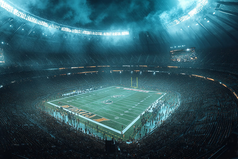 Stunning aerial view of a football stadium under dramatic lighting and rain, with fans in the stands and the field ready for action during Super Bowl LIX. This shot captures the excitement and intensity of the big game, showcasing the anticipation of one of the most watched sports events in the world.