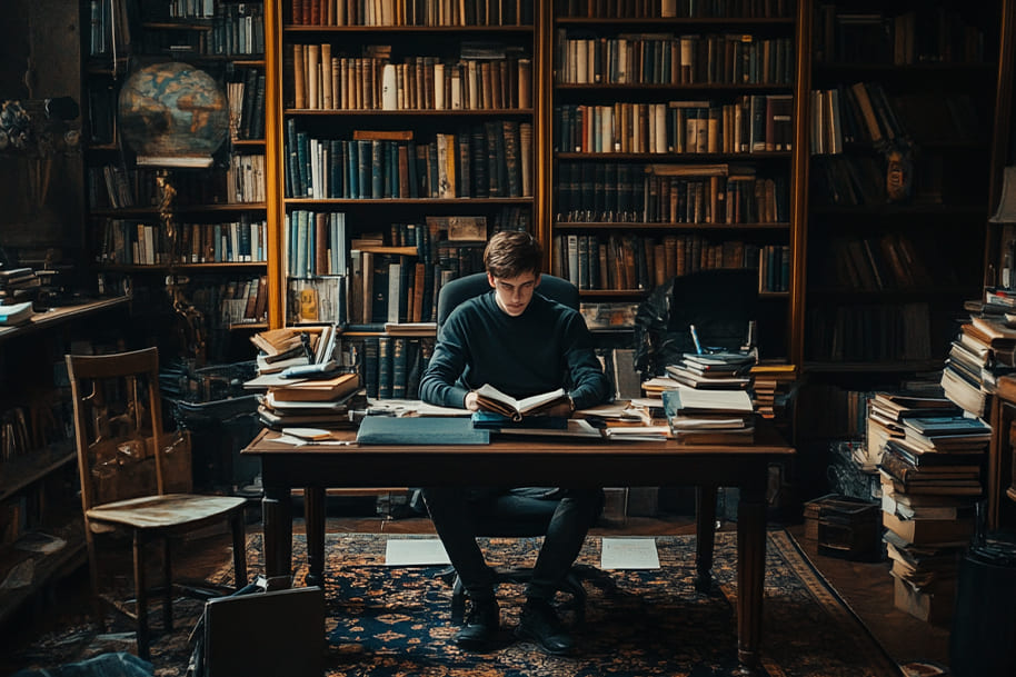 Person sitting at a desk in a cozy library, surrounded by stacks of books, focused on reading. The warm atmosphere and concentration reflect a perfect setting for personal growth, learning, and self-improvement.