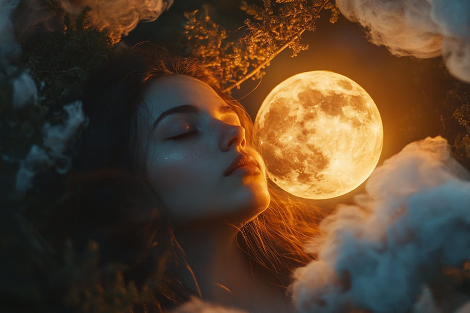 Close-up of a woman peacefully resting with a glowing full moon floating near her, symbolizing the introspective and emotional energy of the Full Moon in March 2025, guiding spiritual growth and reflection.