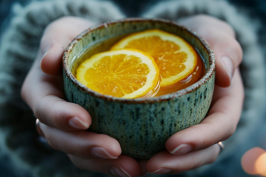 A cozy cup of warm tea with slices of fresh lemon, held gently in hands, offering comfort and a boost of vitamin C during the winter months.