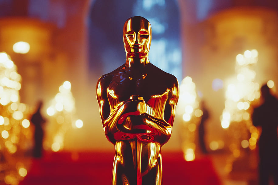 A golden Oscar-style statue standing on a glamorous red carpet, surrounded by glowing lights and a luxurious event setting. A symbol of the prestigious Academy Awards, capturing the excitement of the Oscars 2025 predictions and biggest film industry trends.