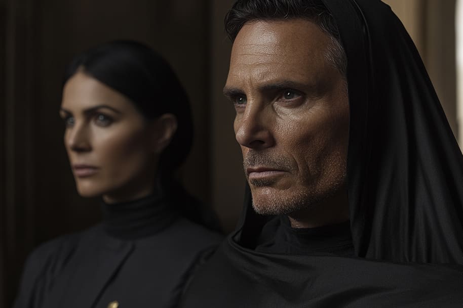 Dramatic portrait of a man and woman dressed in dark, hooded attire, exuding a mysterious and cinematic aura. A striking visual reflecting the influence of dark-themed films and sci-fi dramas among the Oscars 2025 contenders.