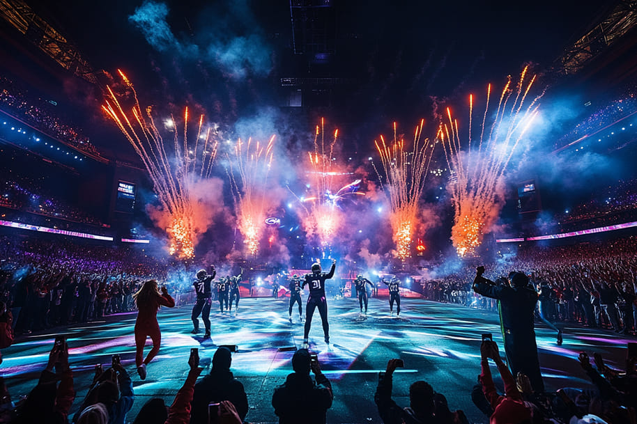 Explosive Super Bowl LIX halftime show with performers dancing and fireworks lighting up the stadium, creating an unforgettable spectacle. The dynamic atmosphere and energetic crowd make it a highlight of the event, adding excitement and entertainment to America's biggest sporting occasion.