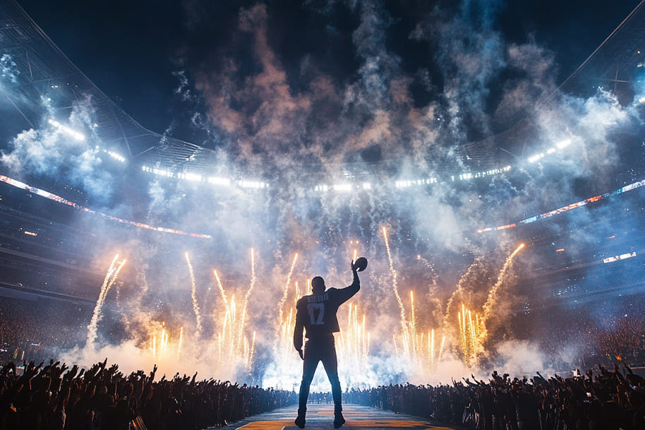 Artist performing during the Super Bowl LIX halftime show with dramatic fireworks and smoke, creating an electrifying atmosphere. This stunning image captures the excitement and energy of one of the most highly anticipated moments in sports entertainment.