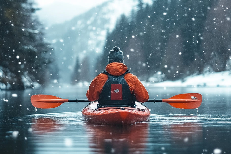 Person kayaking through a snowy river in winter, showcasing the thrill of cold-weather water sports surrounded by a stunning snowy landscape.